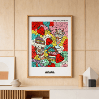 Playful sweets wall art print showing layered cake, sundaes, and strawberry motifs