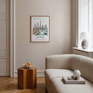 Waterfront Dubai cityscape print with bridge, dhow boats, and towers