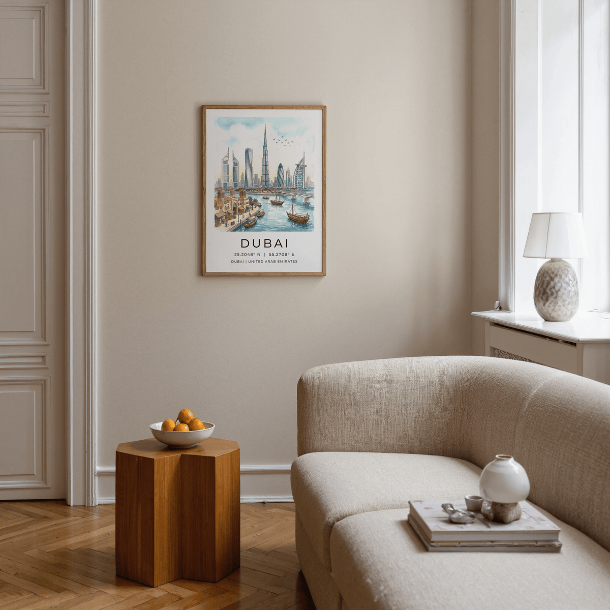 Waterfront Dubai cityscape print with bridge, dhow boats, and towers