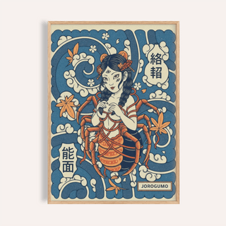 Featuring Jorogumo Art Print poster with spider-woman figure and wave clouds