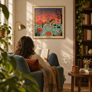 Death Tarot Card Art, framed on the wall of a quiet reading corner in a book lover's flat with a warm cream wall and a dark wood bookcase on the adjacent wall in a living room