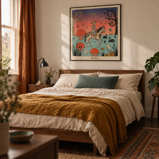 Death Tarot Card Art, framed on the wall of a restful bedroom in a characterful UK terrace with warm off-white walls and dark wooden floorboards