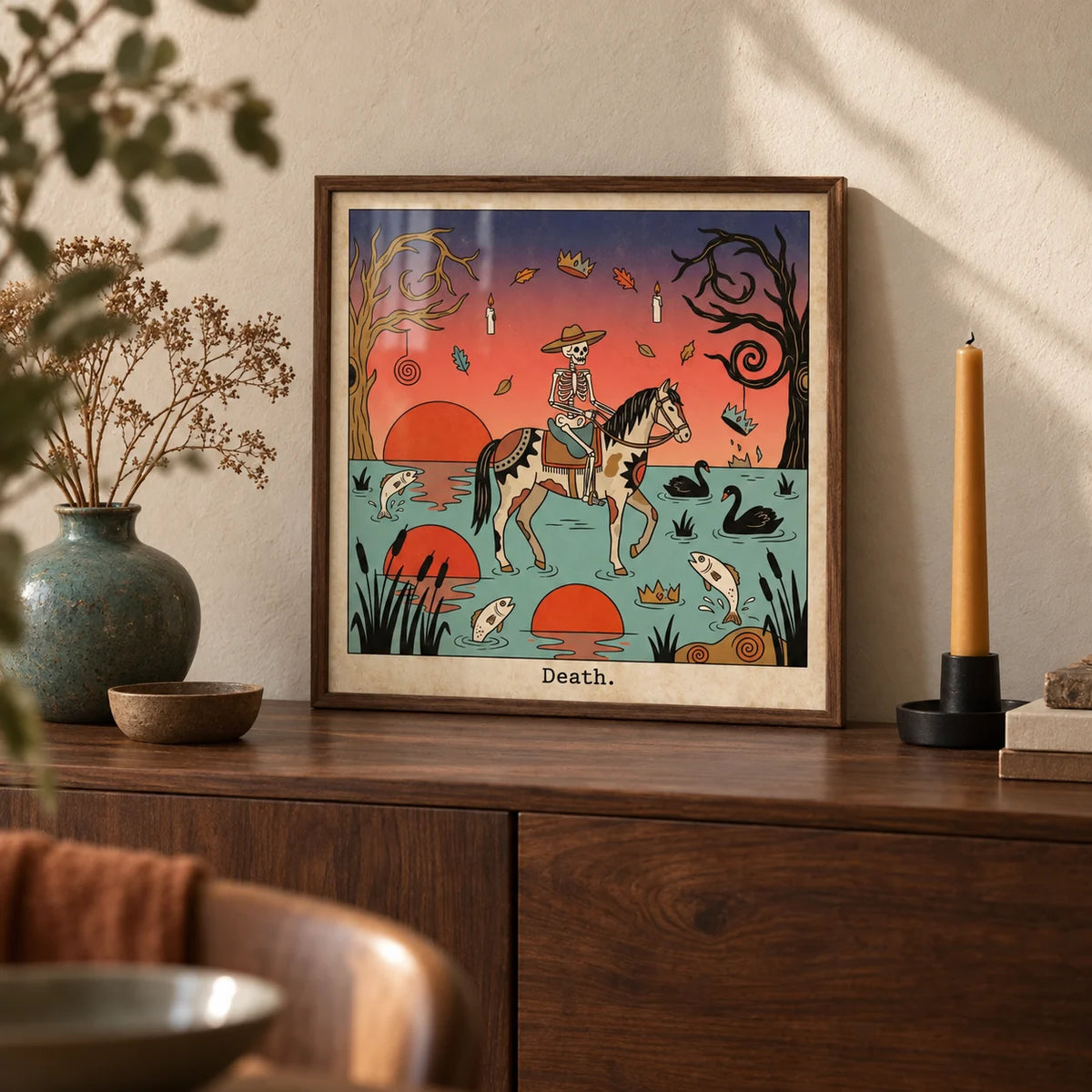 Death Tarot Card Art, a small A4 framed print leaning on a dark walnut sideboard in a living room