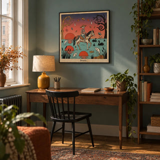 Death Tarot Card Art, framed on the wall of a small creative study in a UK city flat with a muted teal wall and warm wooden floor