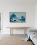 Serene Nature Poster wall art print in blue, white, and beige for hallway