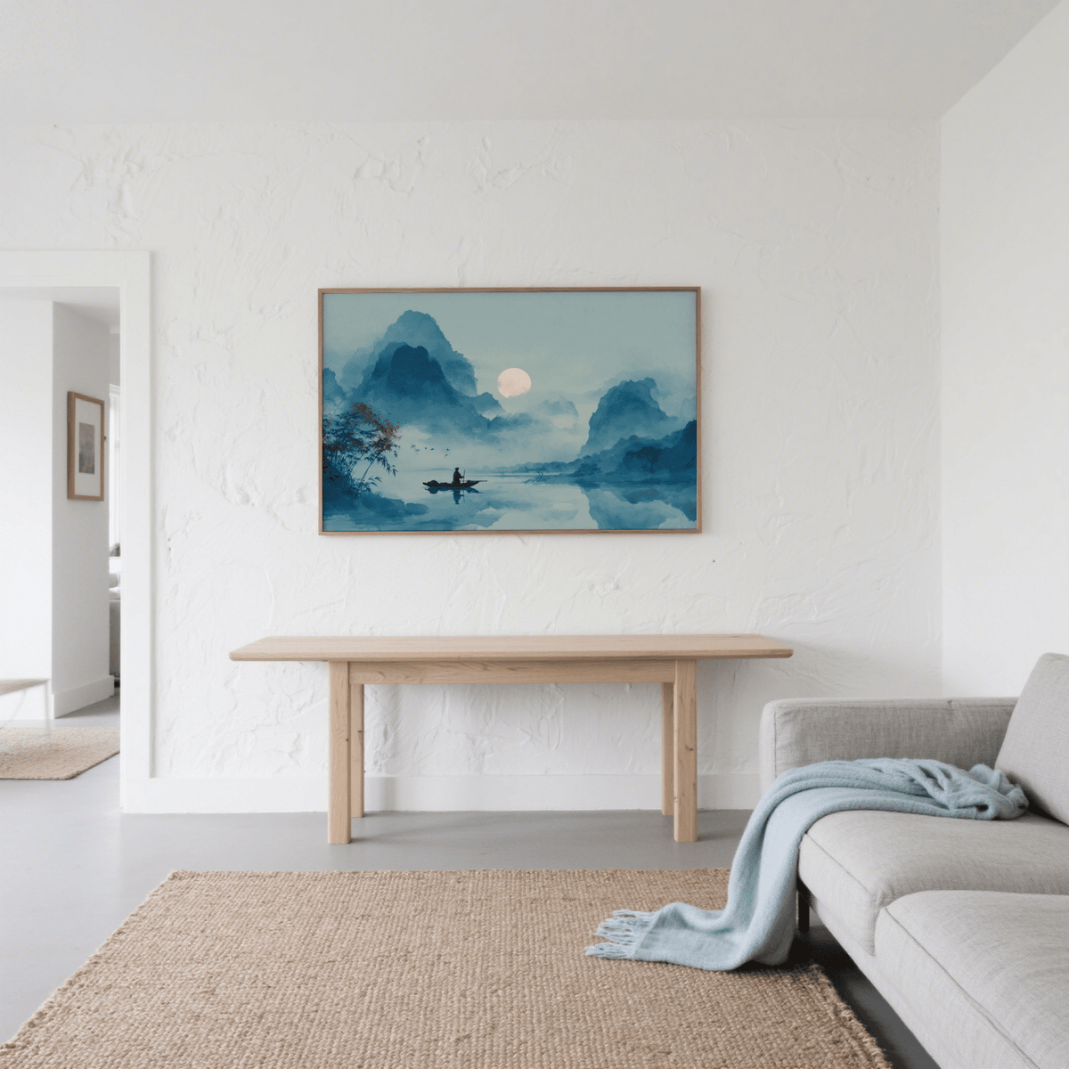 Serene Nature Poster wall art print in blue, white, and beige for hallway