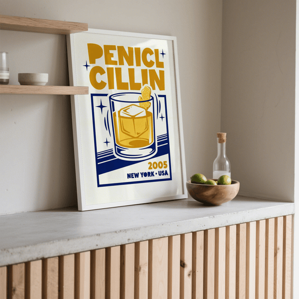 Bar Decor Wall Art with orange highlights and blue background, bar print