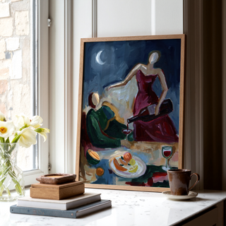 Expressive Couple Dinner Wall Art print featuring fruit plate, citrus slices, and wine glasses