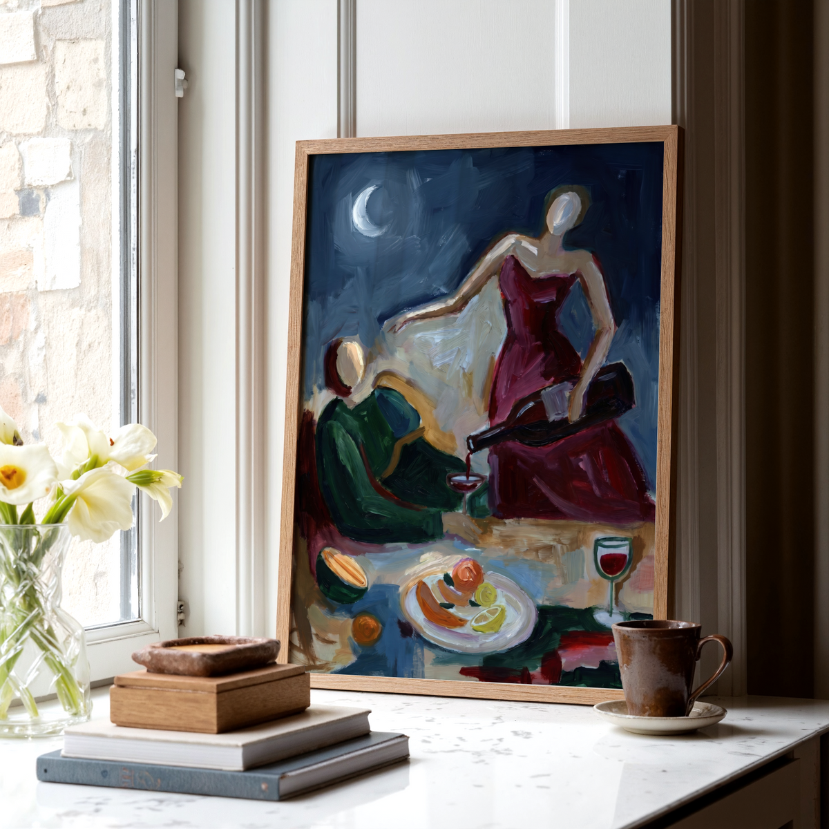 Expressive Couple Dinner Wall Art print featuring fruit plate, citrus slices, and wine glasses