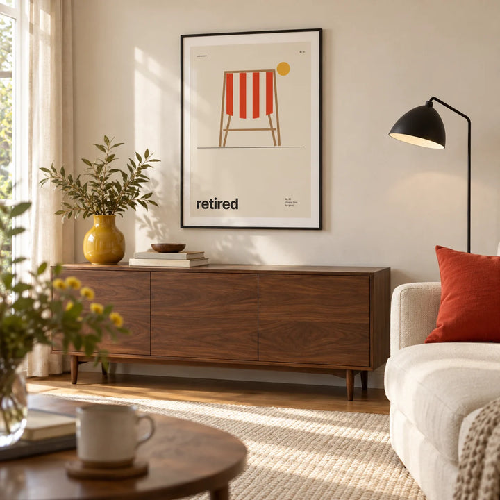 Deckchair Print, framed on the wall of a bright modern living room in a retired couple's UK flat with a cream wall