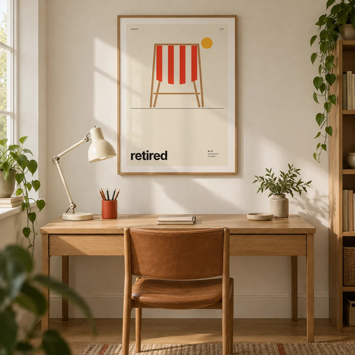 Deckchair Print, framed on the wall of a modern home study in a UK semi-detached house with a warm white wall and oak floor