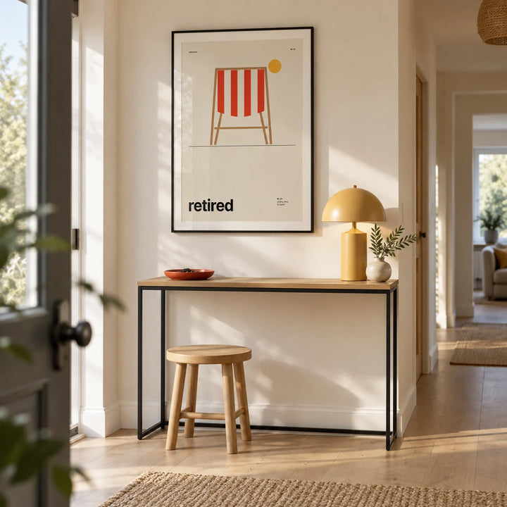 Deckchair Print, framed on the wall of a spacious hallway in a contemporary UK bungalow with a warm white wall and pale oak floor