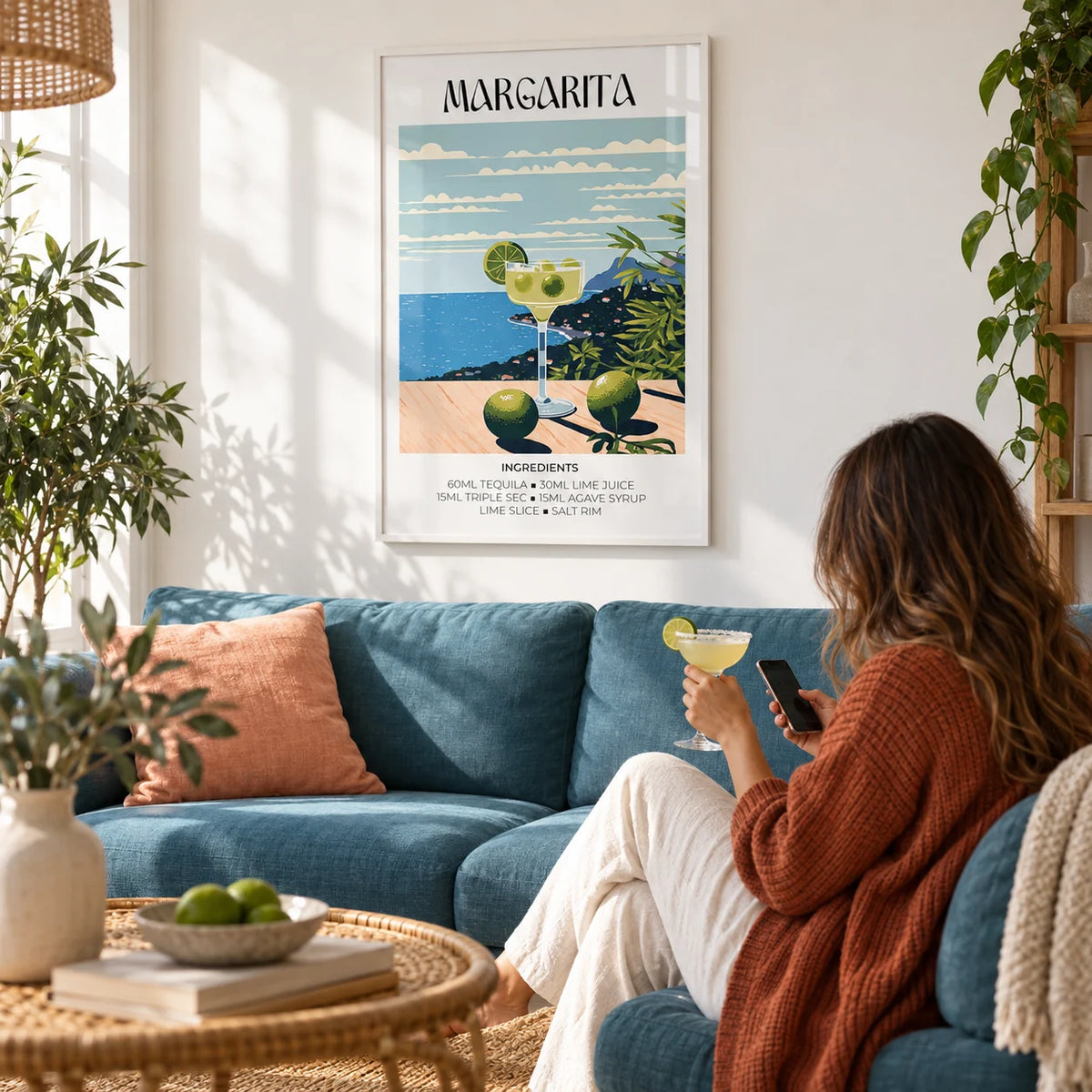 Decor for Bar, framed on the wall of a bright living room with a white wall