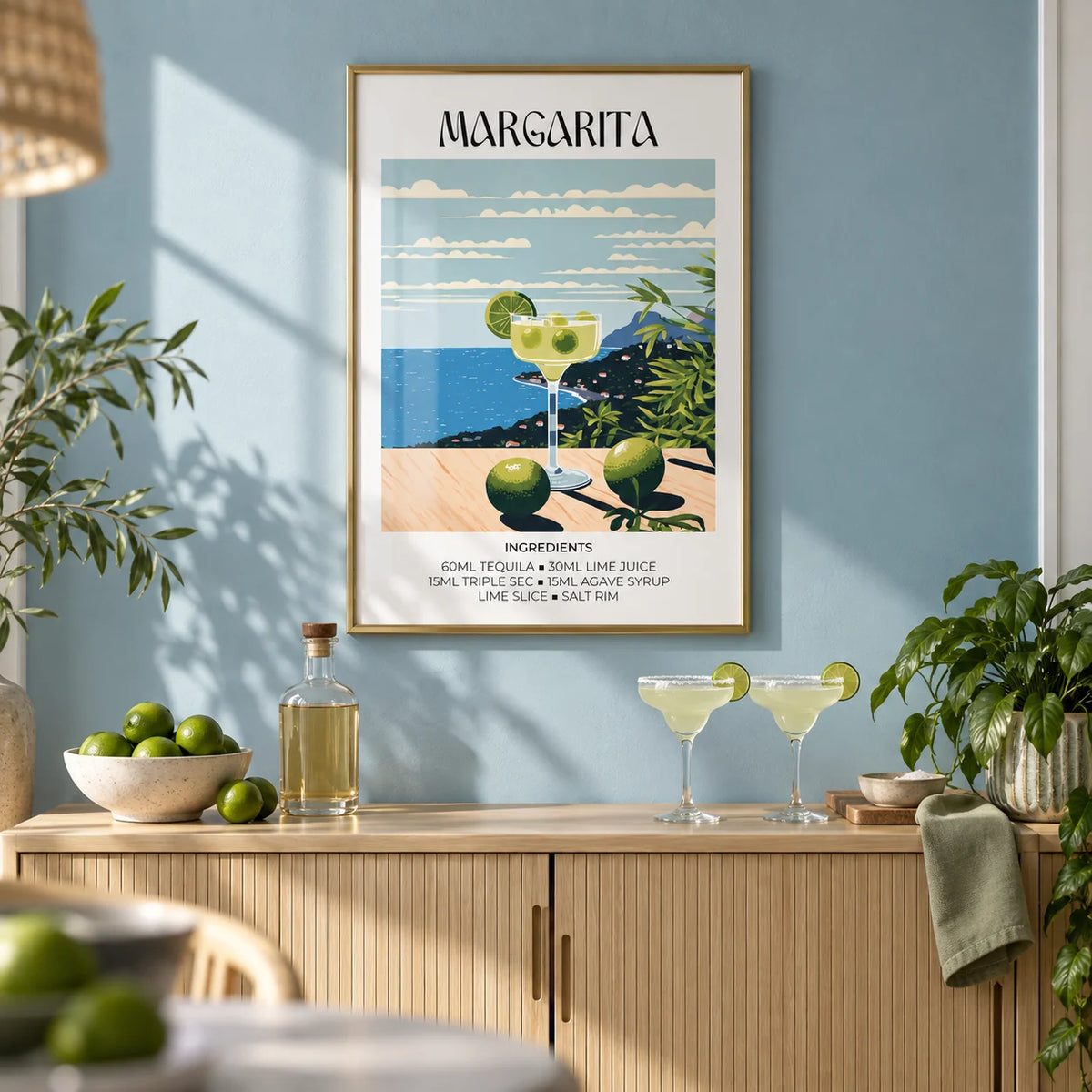 Decor for Bar, framed on the wall of a fresh home bar corner with a soft sea blue painted wall in a living room