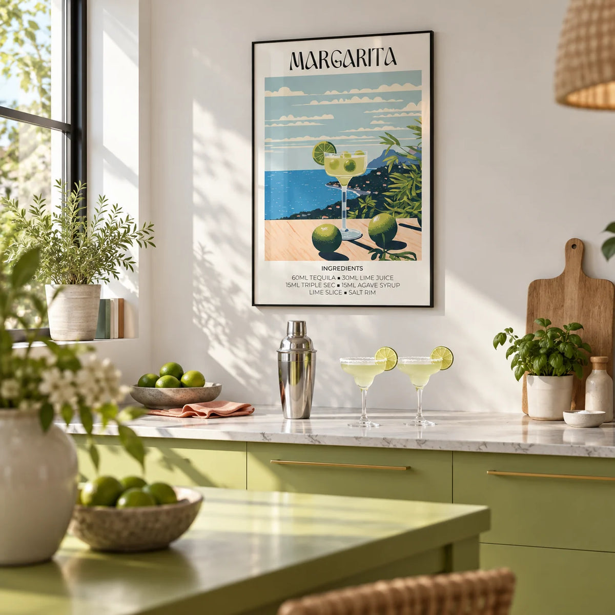 Decor for Bar, framed on the wall of a modern kitchen with a white wall and a lime green painted island