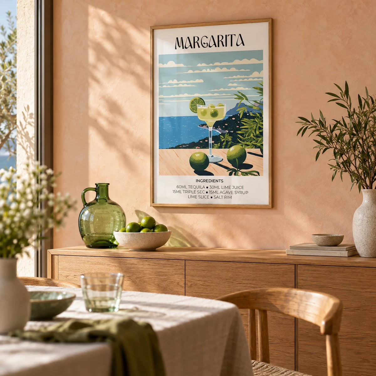Decor for Bar, framed on the wall of a summery dining room with a peach limewashed wall