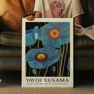 Contemporary big flower wall art in blue and yellow for hallway or entry