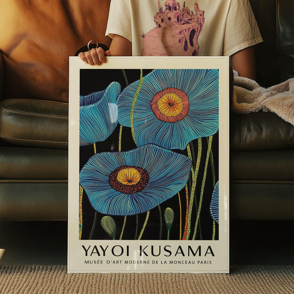 Contemporary big flower wall art in blue and yellow for hallway or entry