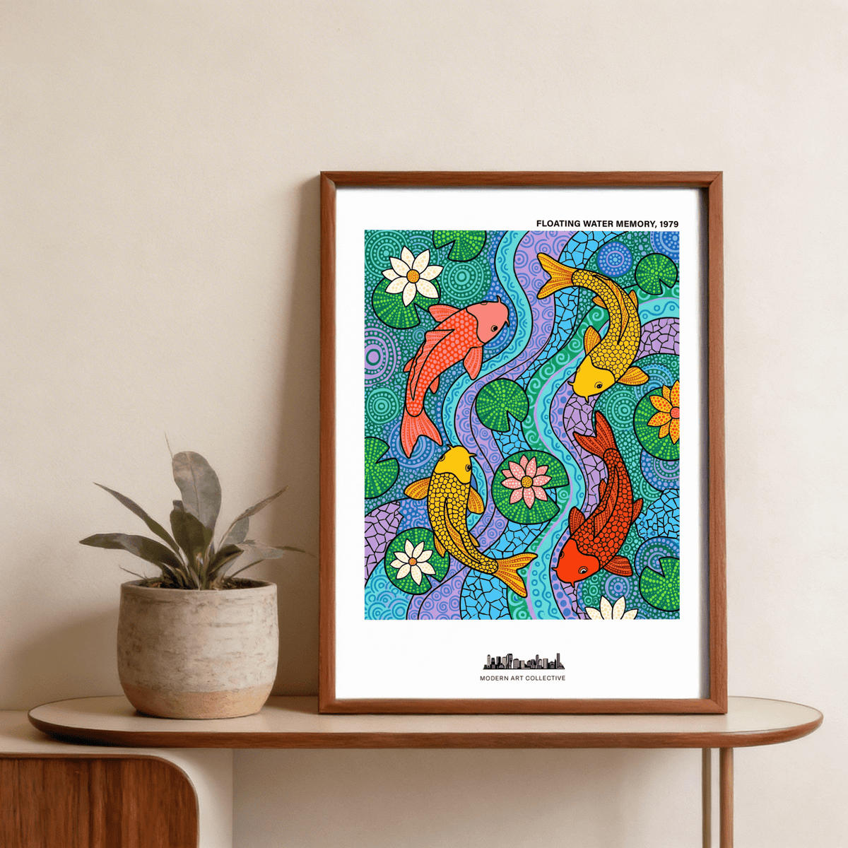 Graphic koi fish wall art with swirling water path, lily pads, and dotted pattern texture