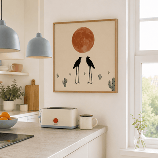Cactus Bird Wall Art showing long-legged birds beneath circular moon