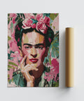 Bold painterly Frida Kahlo print surrounded by flowers and tropical leaves.