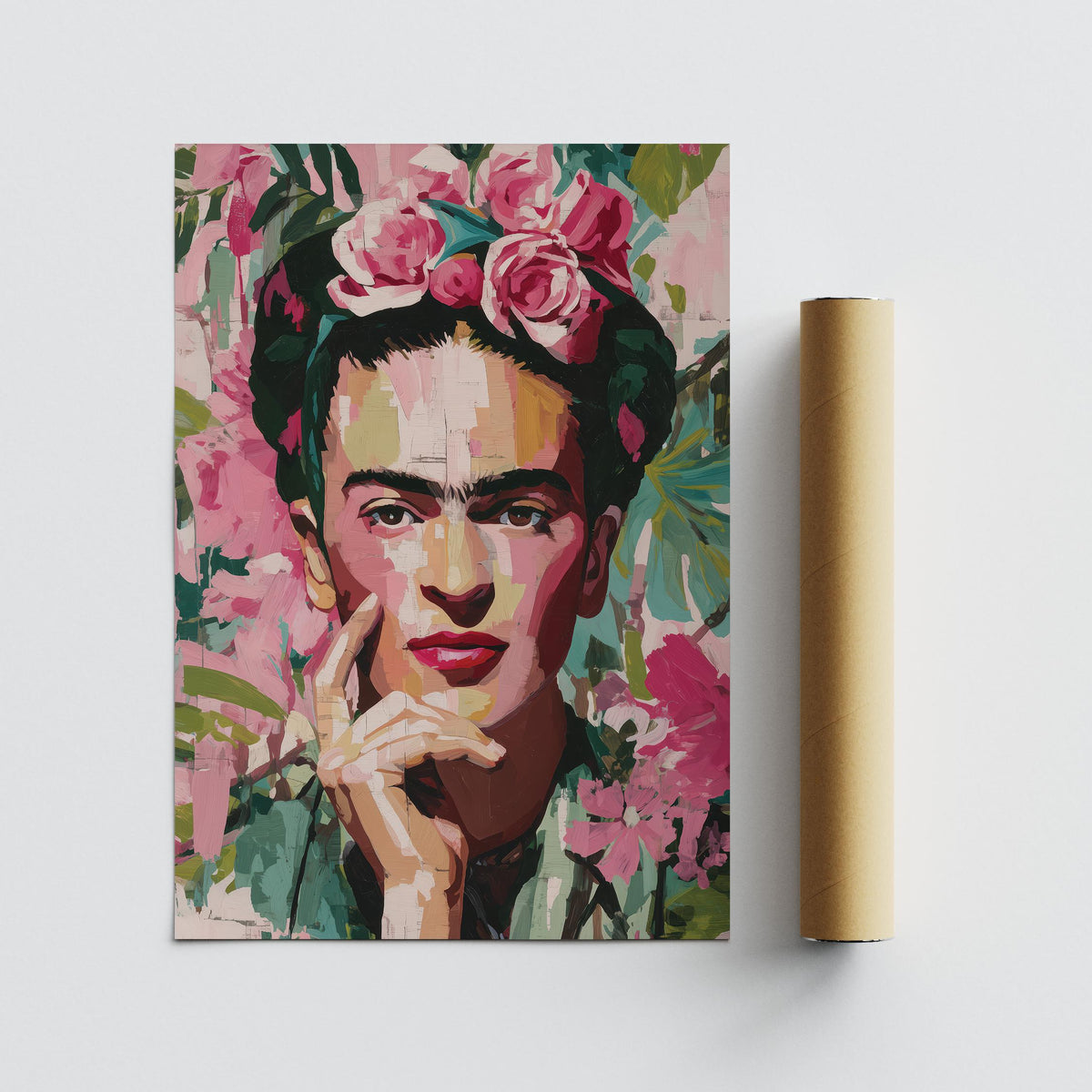 Bold painterly Frida Kahlo print surrounded by flowers and tropical leaves.