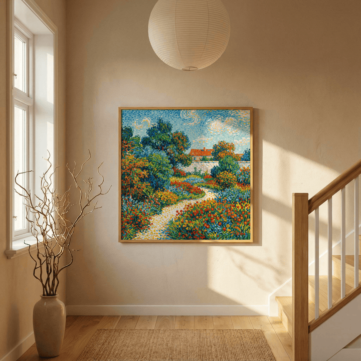 Colourful Flower Garden Print hanging on a wall in a hallway with a staircase and vase with branches nearby