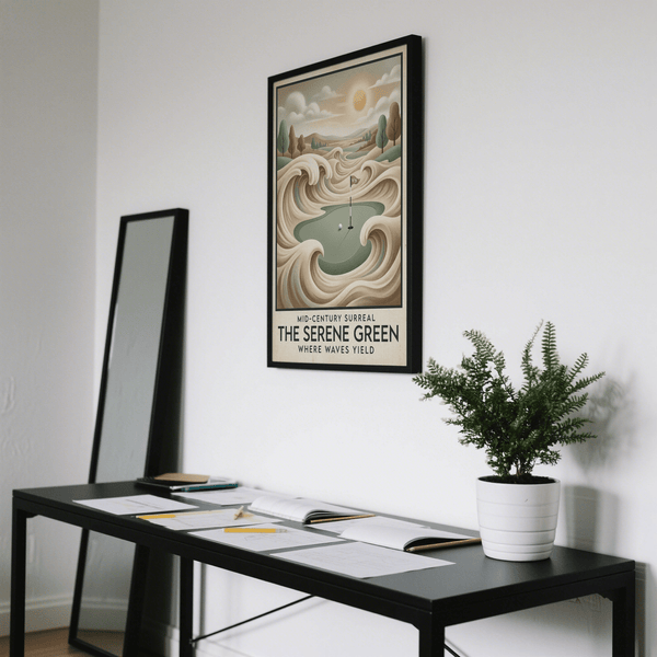 Stylized golf green print with sweeping dune curls, flagstick, and calm horizon sky