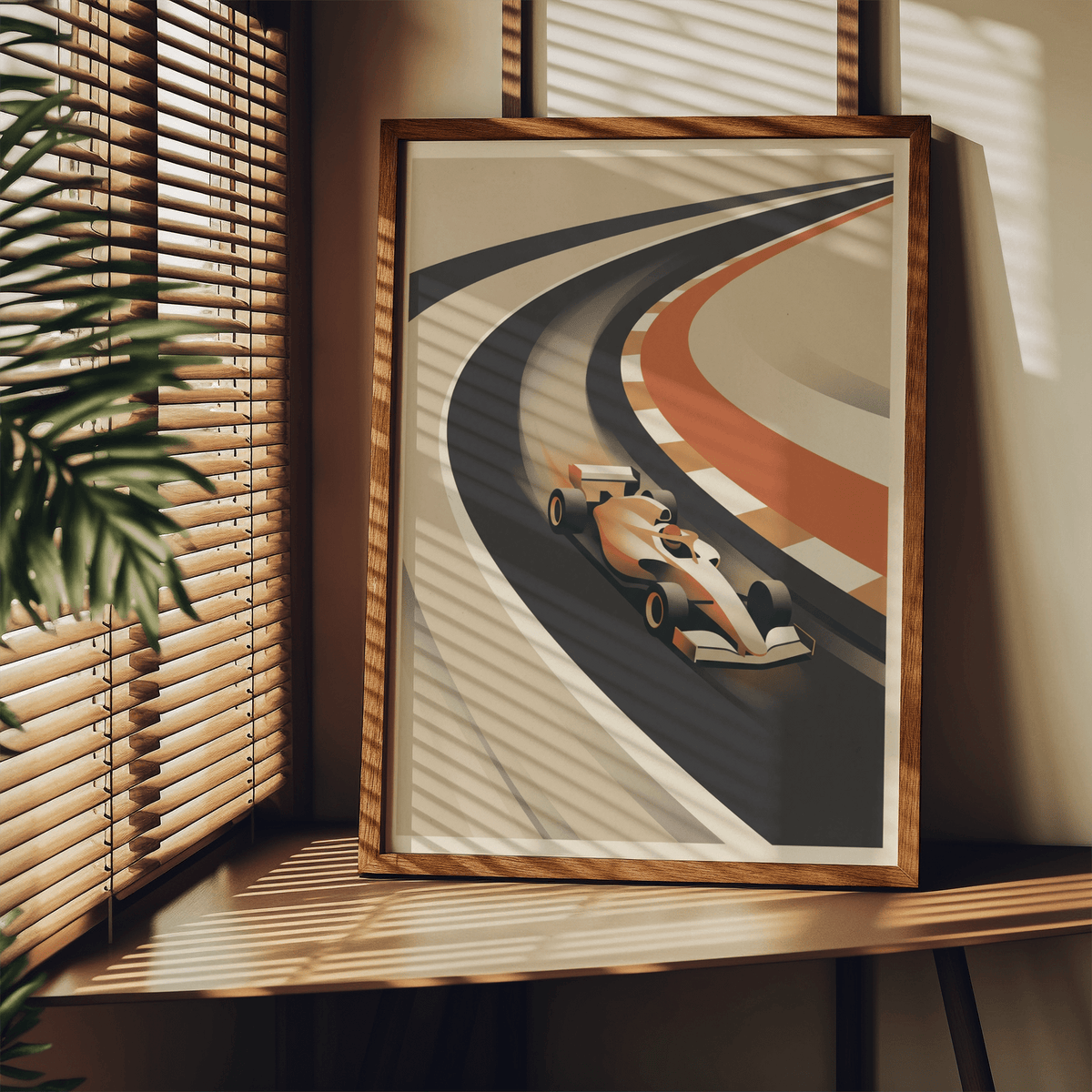 Illustrated race car poster with sweeping track lines and striped curb in Orange Beige Black White