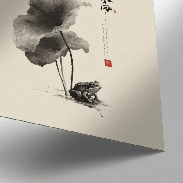 Japanese Frog Art wall art in gray and white for meditation room