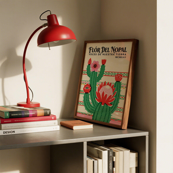 Traditional Mexico poster style cactus and flowers wall art.