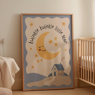Friendly crescent moon art for baby room with dotted star cluster