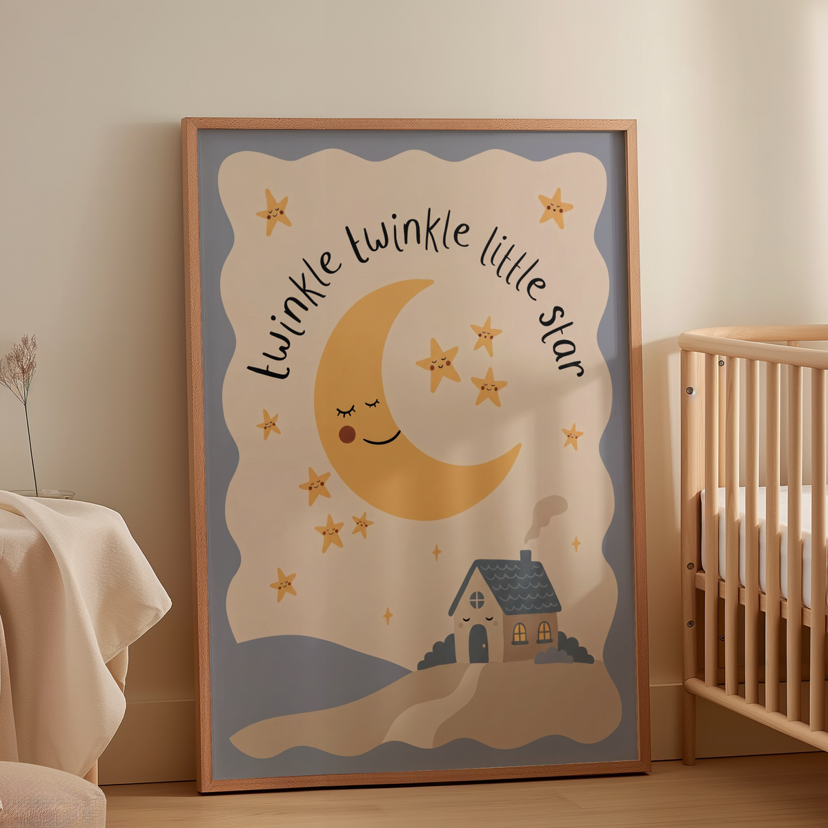 Friendly crescent moon art for baby room with dotted star cluster