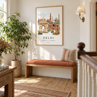 Delhi Landmark Art Print, framed on the wall of a bright upstairs landing in a UK period home with warm white walls and stripped wooden floorboards