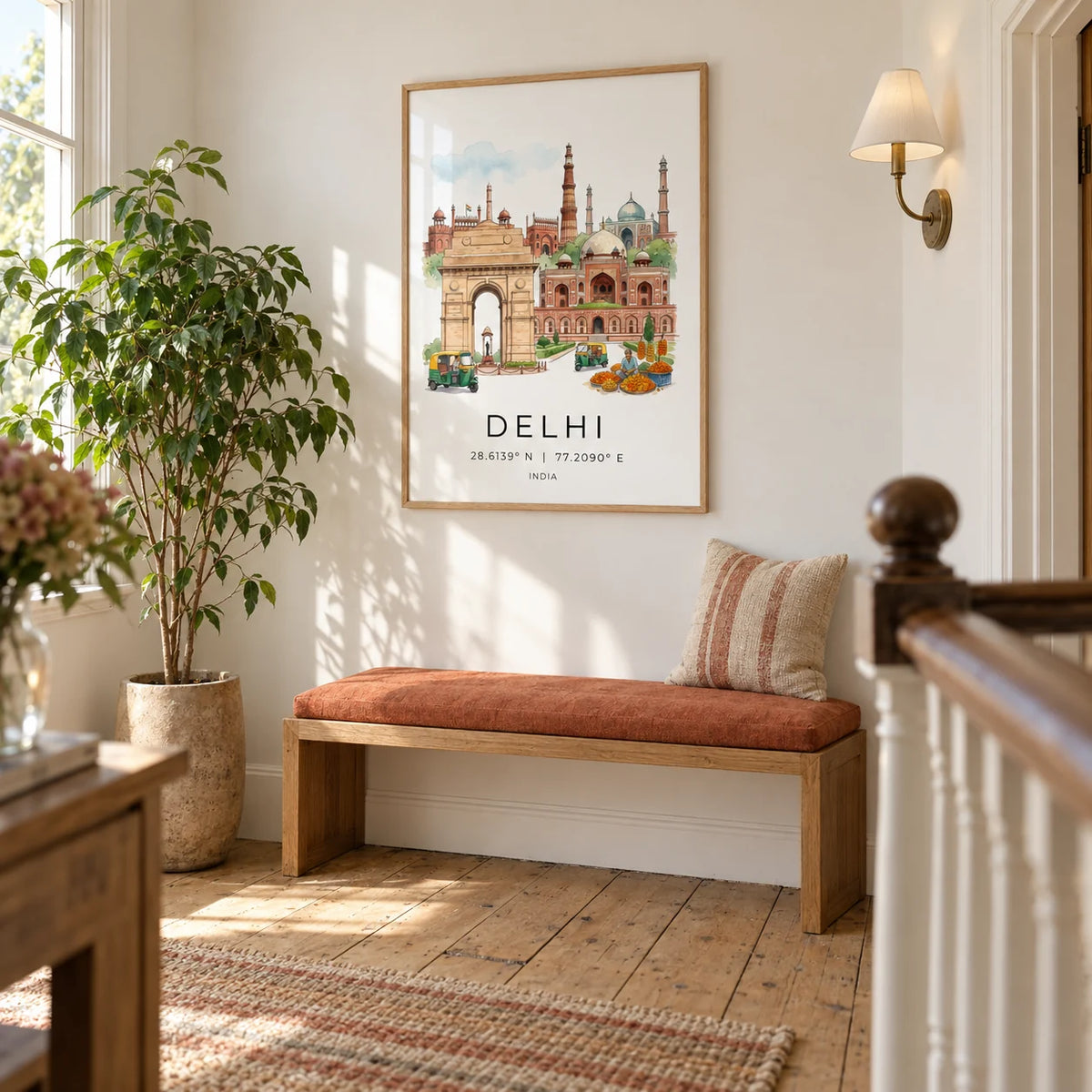 Delhi Landmark Art Print, framed on the wall of a bright upstairs landing in a UK period home with warm white walls and stripped wooden floorboards