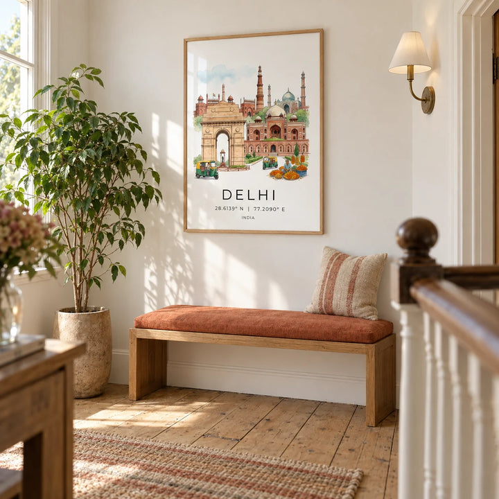 Delhi Landmark Art Print, framed on the wall of a bright upstairs landing in a UK period home with warm white walls and stripped wooden floorboards