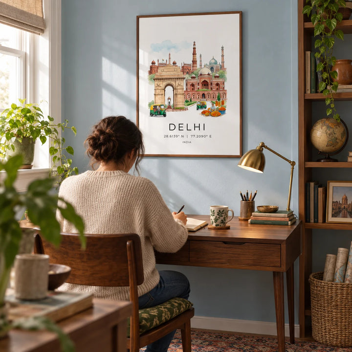 Delhi Landmark Art Print, framed on the wall of a quiet home study for a travel-loving adult in a UK flat with a pale blue wall and built-in timber shelving