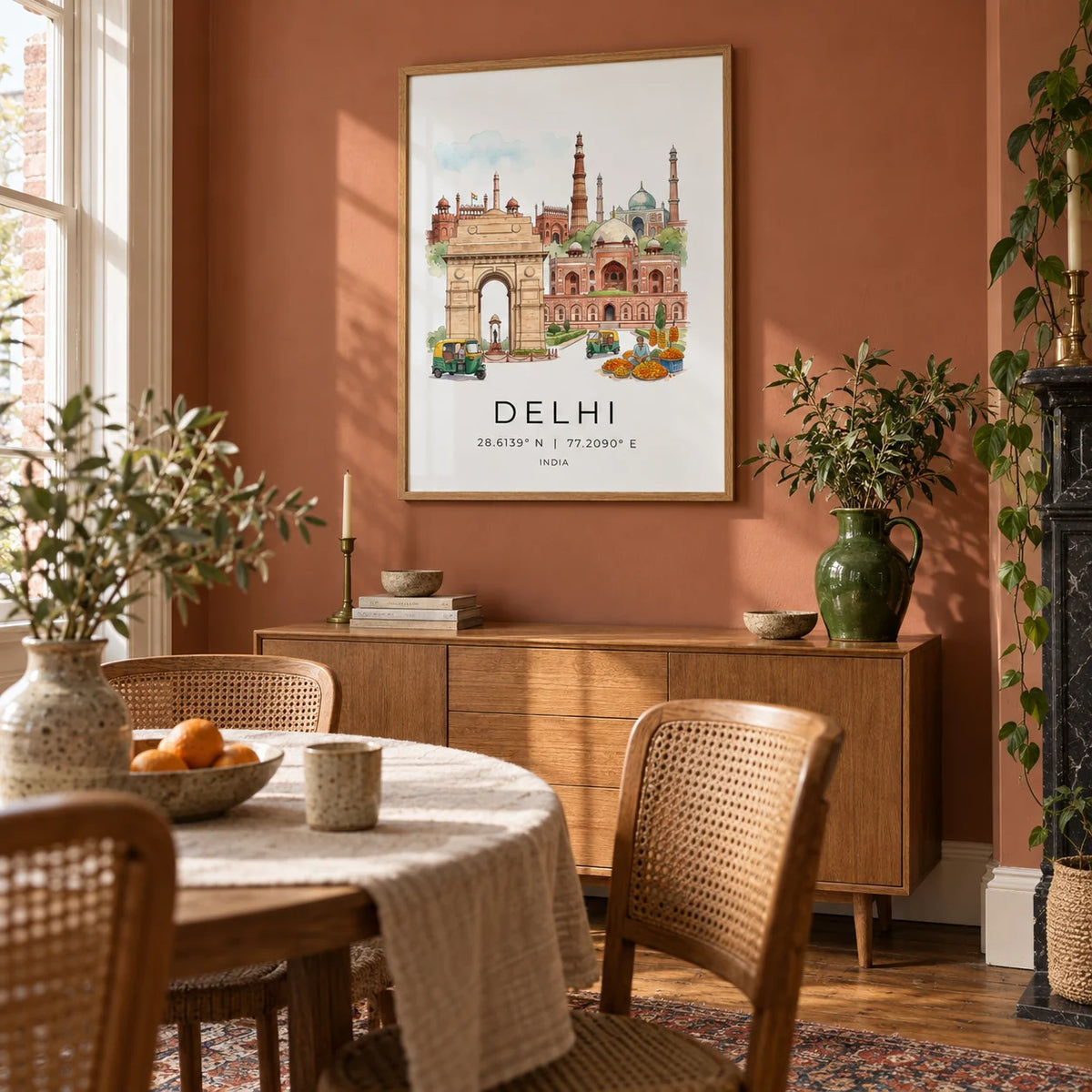 Delhi Landmark Art Print, framed on the wall of a relaxed dining room in a UK Victorian terrace with a muted terracotta wall and warm timber flooring