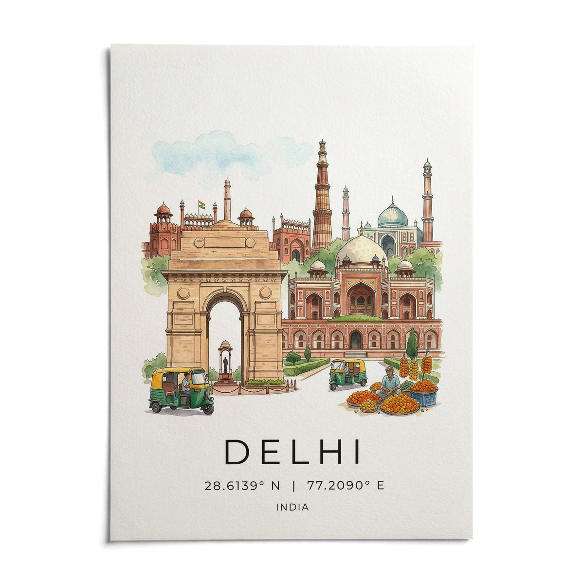 Delhi Landmark Art Print, shown as an unframed paper print on a plain white background