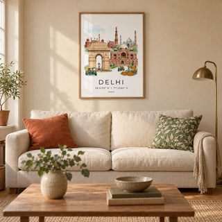 Delhi Landmark Art Print, framed on the wall of a warm living room in a UK terraced home with pale sandstone plaster walls and oak floorboards