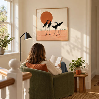 Desert Birds Wall Art, framed on the wall of a bright reading corner on a roomy landing in a UK home with a warm cream wall in a living room