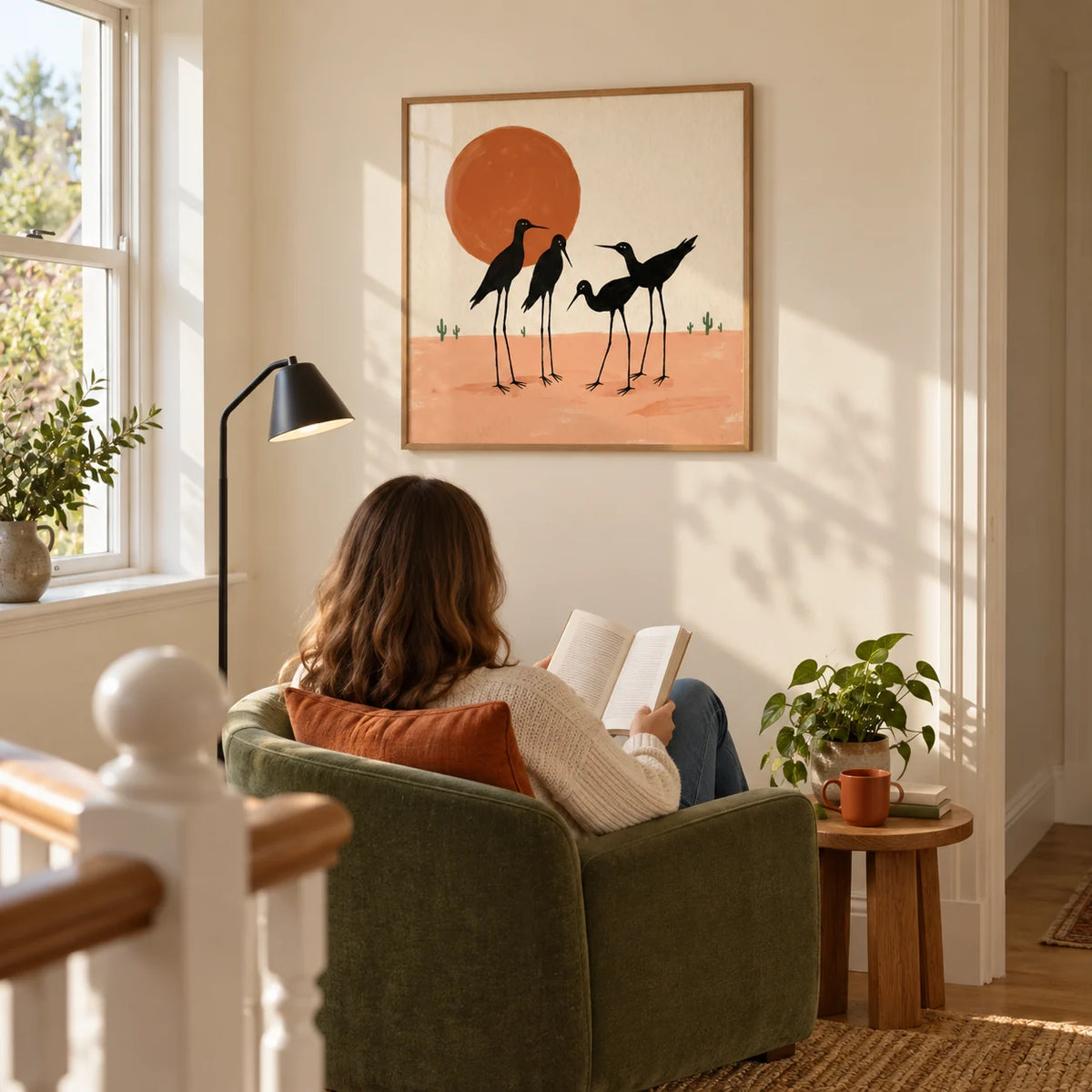 Desert Birds Wall Art, framed on the wall of a bright reading corner on a roomy landing in a UK home with a warm cream wall in a living room