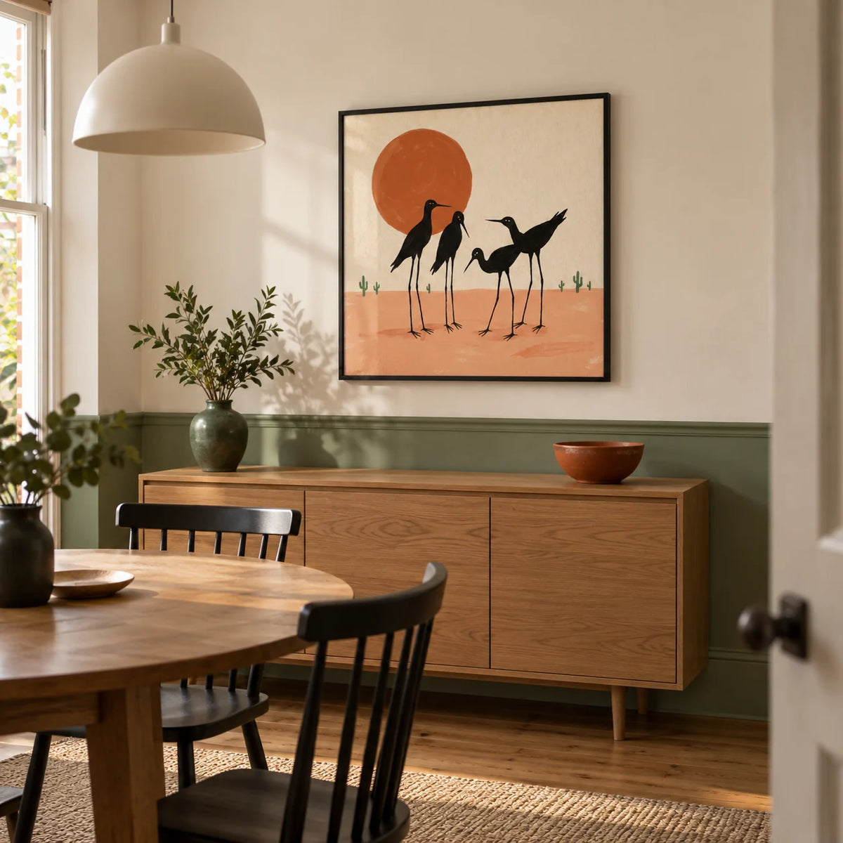 Desert Birds Wall Art, framed on the wall of a modest contemporary dining room in a UK terrace with pale cream walls and a muted cactus-green painted lower wall