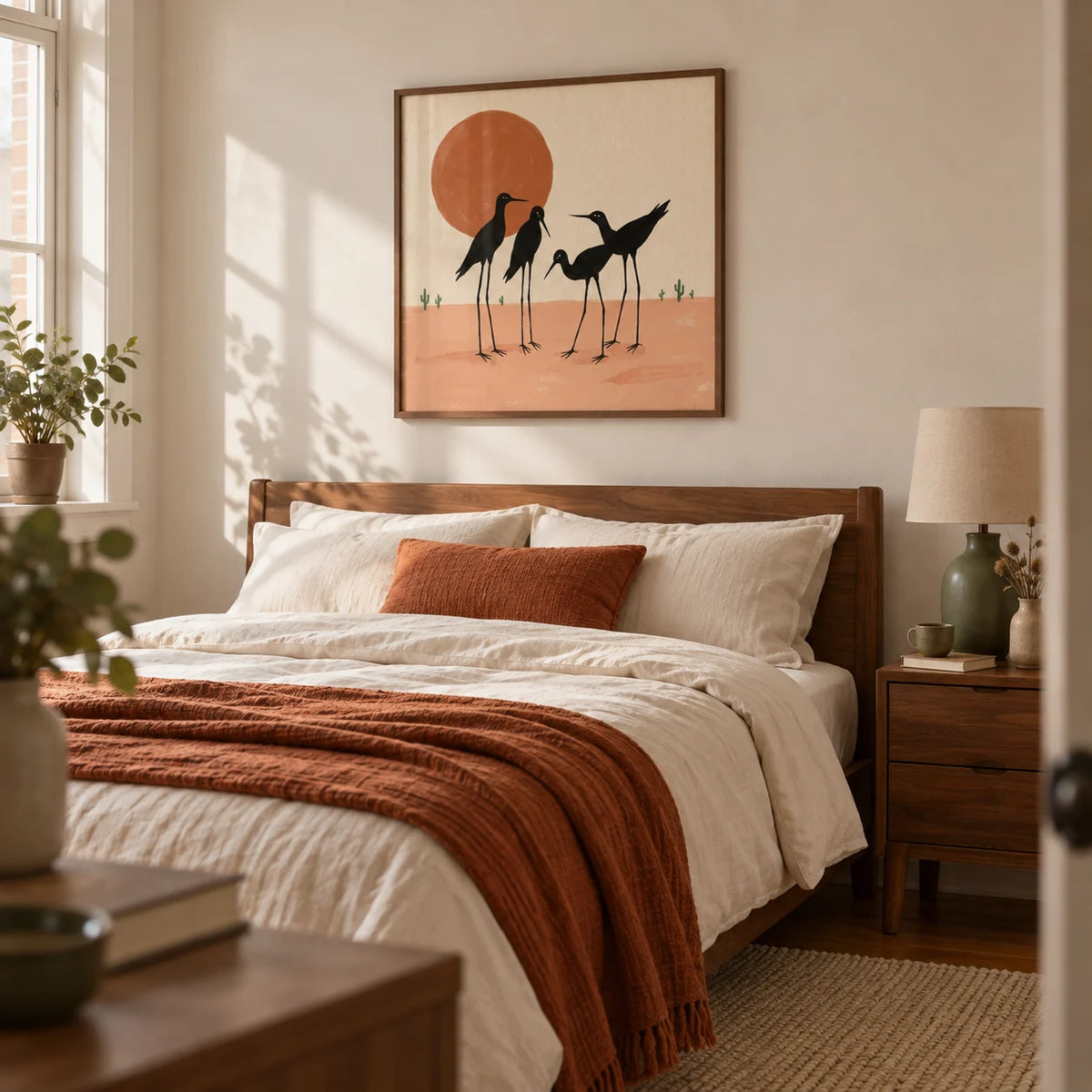 Desert Birds Wall Art, framed on the wall of a restful adult bedroom in a compact UK flat with a warm white wall and walnut furniture