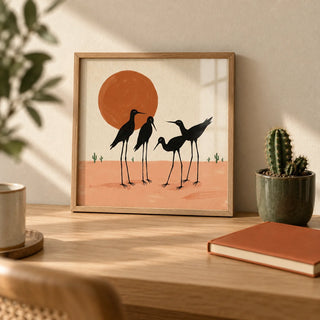 Desert Birds Wall Art, a small A4 framed print leaning on a pale oak desk