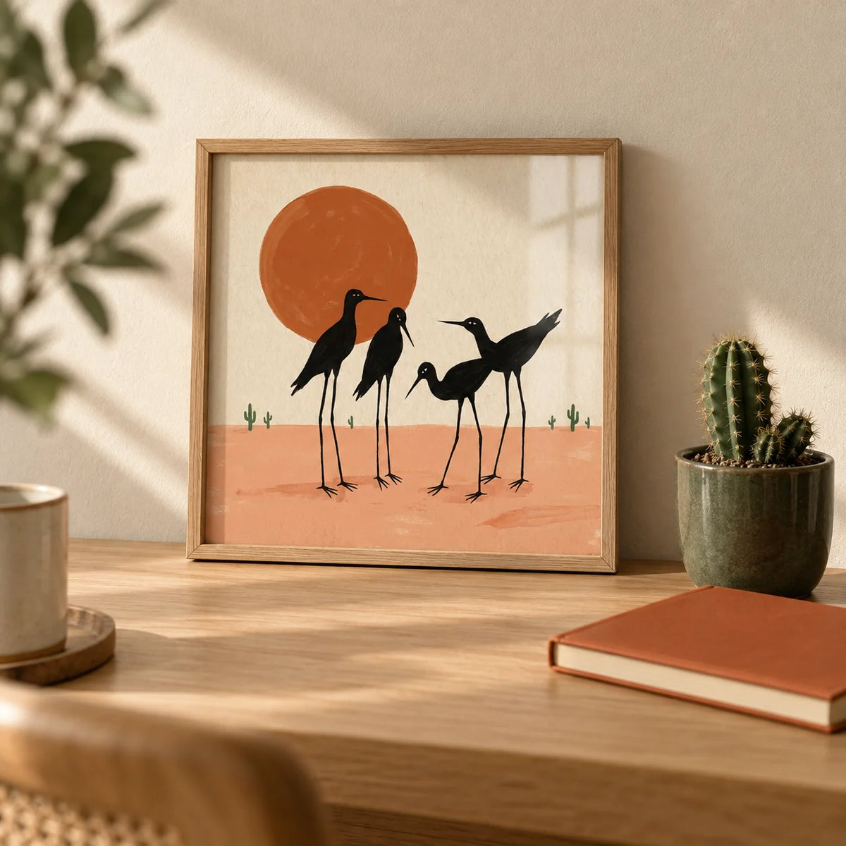 Desert Birds Wall Art, a small A4 framed print leaning on a pale oak desk