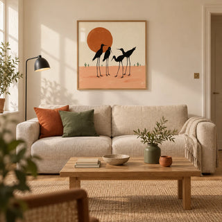 Desert Birds Wall Art, framed on the wall of a warm contemporary living room in a UK terraced house with cream plaster walls and oak floorboards