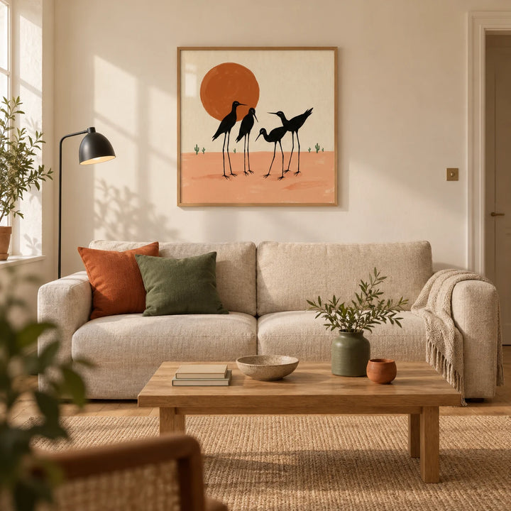 Desert Birds Wall Art, framed on the wall of a warm contemporary living room in a UK terraced house with cream plaster walls and oak floorboards