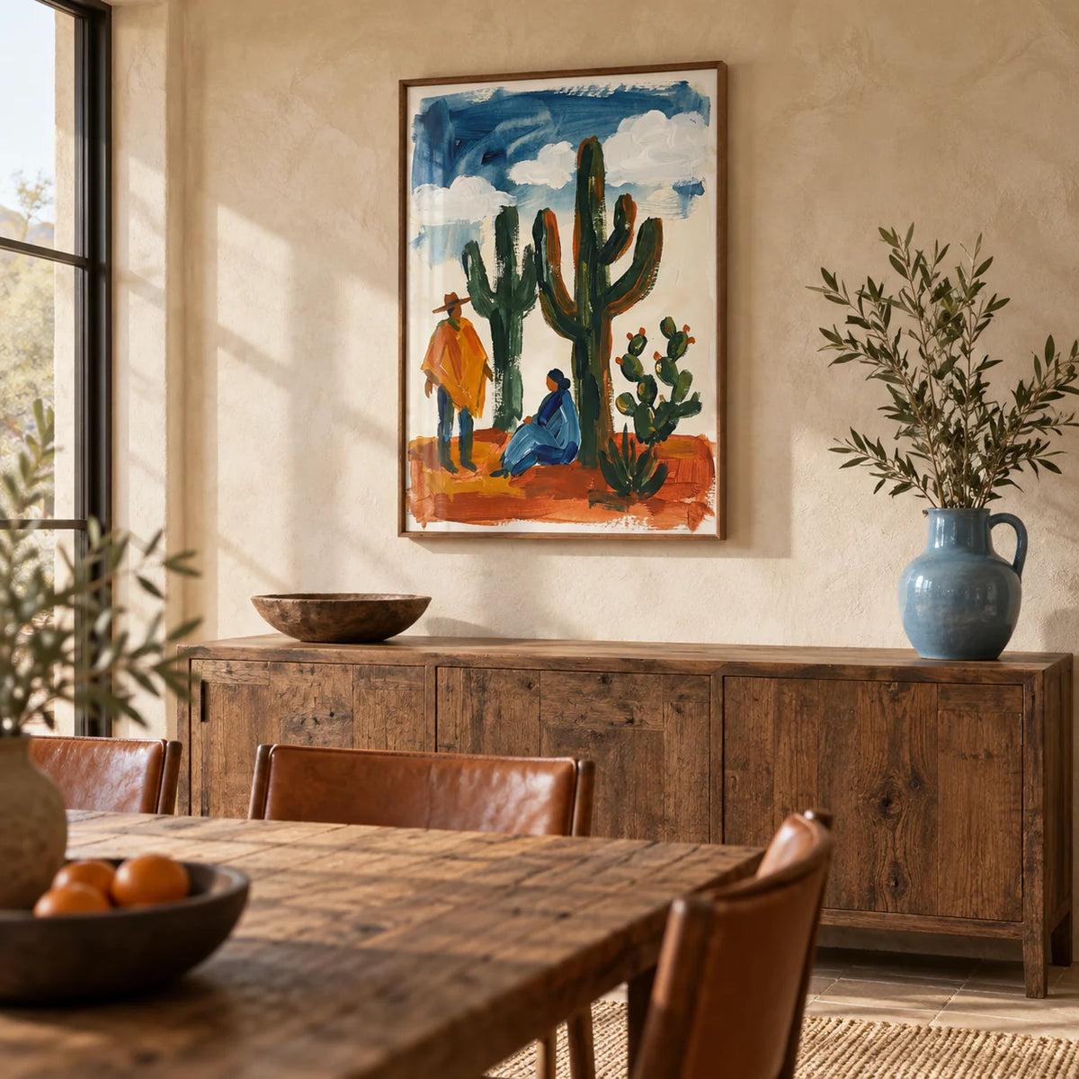 Desert Cactus Wall Art, framed on the wall of a desert-modern dining room