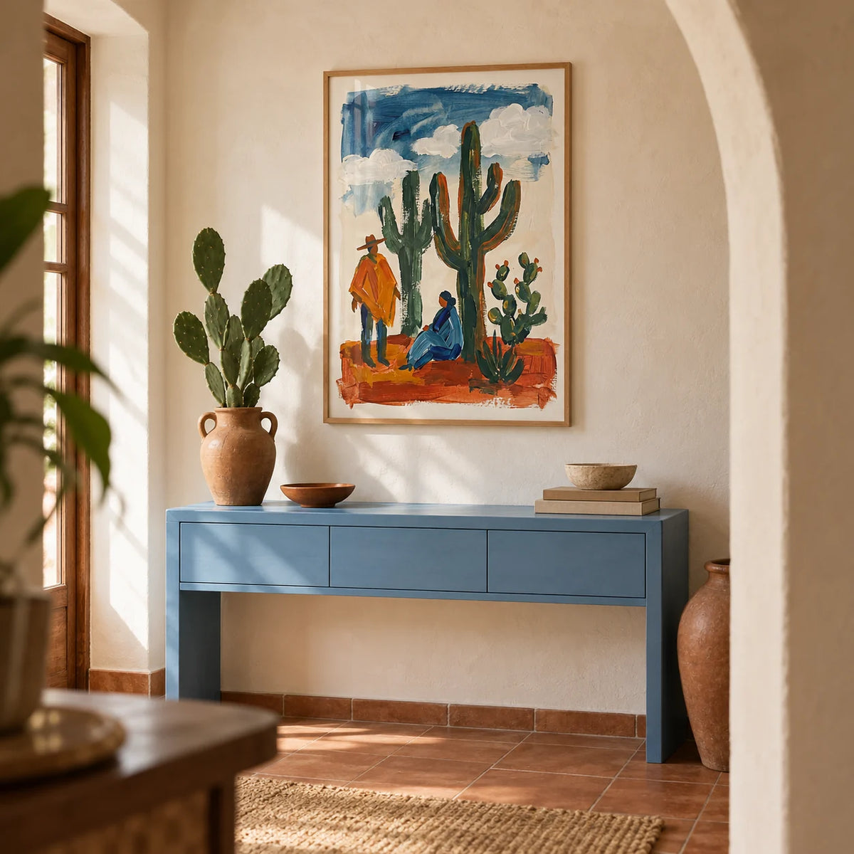 Desert Cactus Wall Art, framed on the wall of a hallway with a cream plaster arch and a terracotta floor